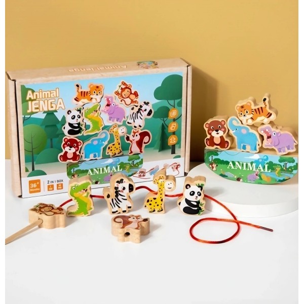 Juego de Madera para Enhebrar y Equilibrio Animales de la Selva Jenga 2 en 1 - Juguete Didáctico Motricidad Fina