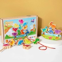 Juego de Madera para Enhebrar y Equilibrio Dinosaurio Jenga 2 en 1 - Juego de Motricidad Fina