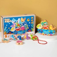 Juego de Madera para Enhebrar y Equilibrio Ocean Jenga 2 en 1 - Juego de Motricidad Fina