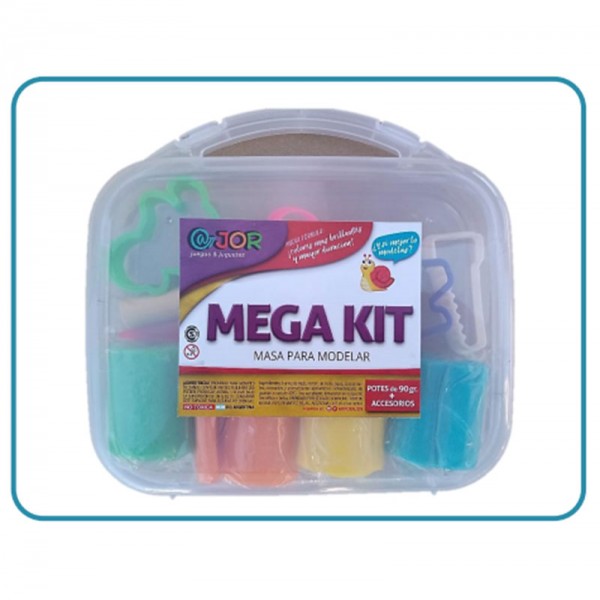 Mega kit masas en caja plástica: 4 masas 90 grs + 5 cortantes + palito de amasar + herramienta MKIT