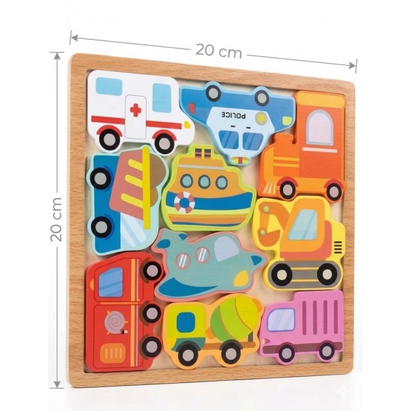 Rompecabezas Tetris Didáctico de Madera Encastrable Medios de Transporte 20x20 cm