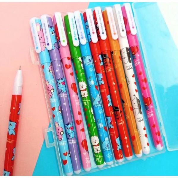 10 Bolígrafos trazo fino, tinta de colores, motivo BTS Kpop, en práctica cajita contenedora