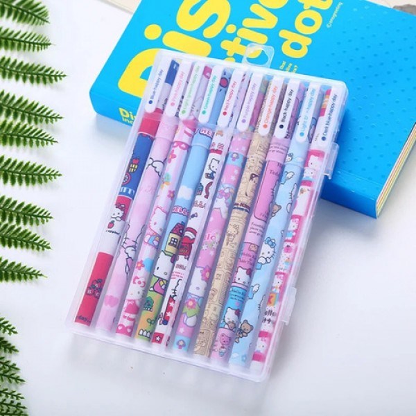 10 Bolígrafos trazo fino, tinta de colores, motivo Hello Kitty, en práctica cajita contenedora