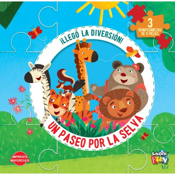 Llegó la Diversión: Un Paseo por la Selva con 3 Rompecabezas de 9 piezas – Editorial School Fun - 20x20 cm 10 pág - TD Acolchada