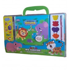 Valija didáctica Pinto mis cuentos: Aventuras en la selva | 1 libro de cuentos de 40 páginas para leer y pintar + 1 plancha de stickers + acuarealas + pincel